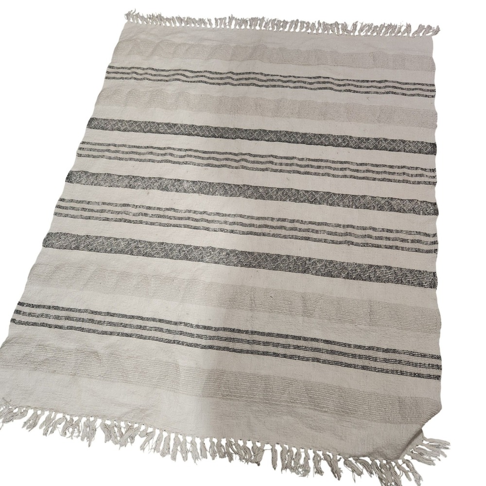 Boho‎ Stripe Cotton Rug Fringe Cream Black Accent Floor Mat 4x6 ft approx